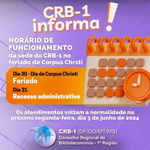 CRB-1 INFORMA – Horário de Funcionamento da Sede do CRB-1 no Feriado de Corpus Christi