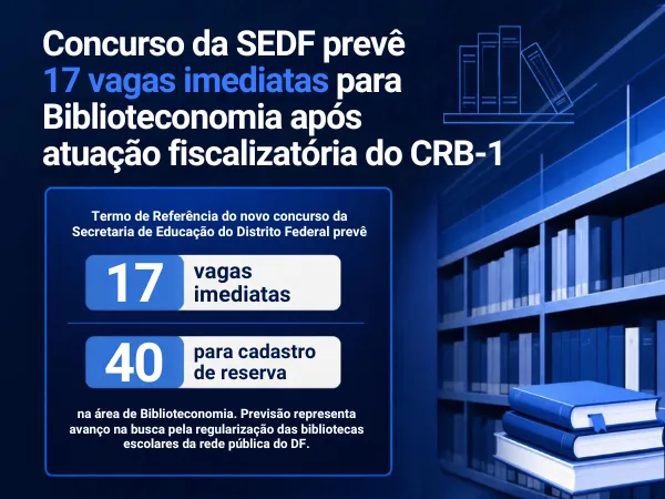 Concurso da SEDF prevê 17 vagas imediatas para Biblioteconomia após atuação fiscalizatória do CRB-1